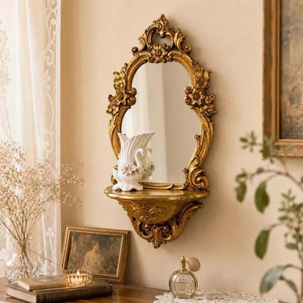 Vintage Syroco Gold Mirror Shelf Hollywood Regency Wall Decor